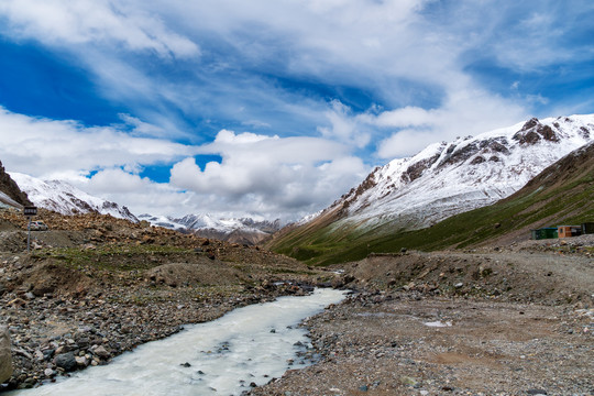 中国西藏青藏高原上的雪山和小河