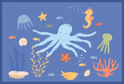 海底活动卡通章鱼珊瑚