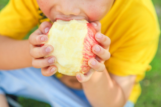 小男孩正在吃苹果