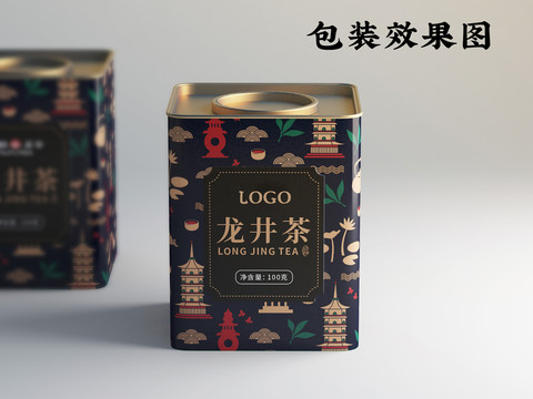 龙井茶小方罐茶叶包装设计