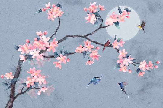 中式海棠花鸟壁画