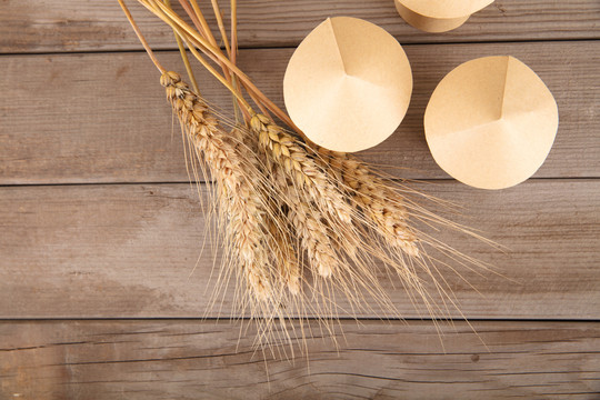 纸糊的粮仓模型和一把成熟的小麦