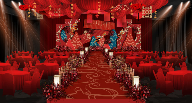 新中式红蓝撞色婚礼效果图