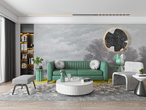 绿色沙发墙布壁画背景效果图