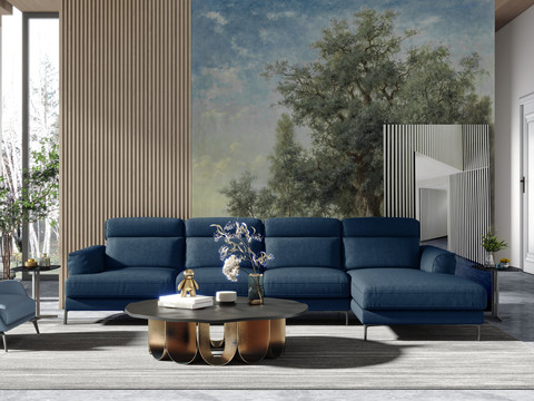 蓝色沙发墙布壁画背景效果图