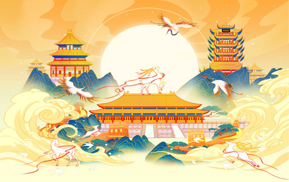 中秋节国庆节中国风建筑插画海报