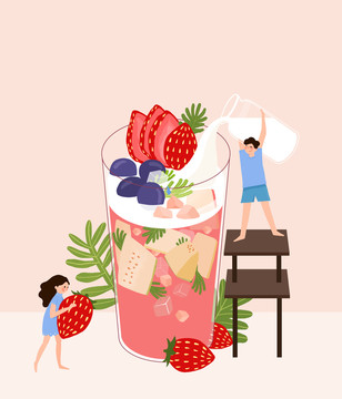 鲜果草莓奶茶手绘插画