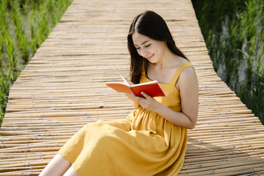 穿着黄色衣服的美丽亚洲旅行家妇女在横跨稻田的木桥上阅读红皮书。