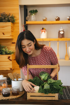 美丽的亚洲女人在厨房准备烹饪食物的配料。