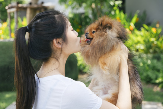 一名亚洲女主人正在亲吻波美拉尼亚斯皮茨犬。