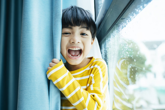 在靠近窗户的蓝色窗帘后面，一个穿着白色毛衣的快乐有趣的男孩的肖像。