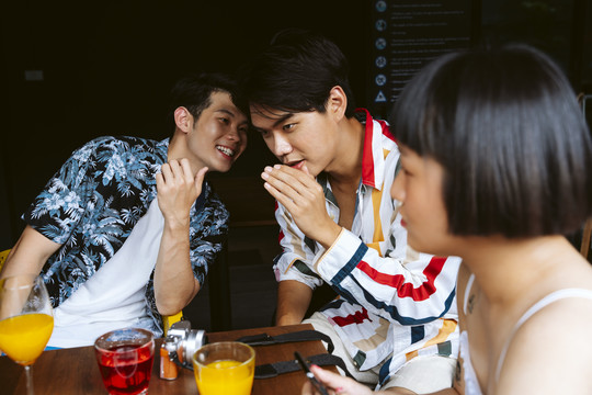 年轻的亚洲人在夏季聚会上谈论这个女孩。