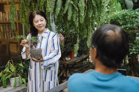 和丈夫在花园里照料植物的亚洲老妇人。