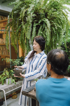 和丈夫在花园里照料植物的亚洲老妇人。