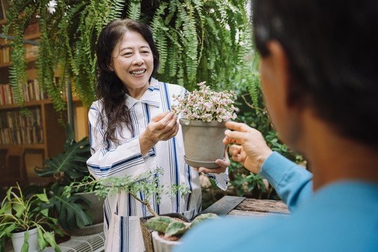 和丈夫在花园里照料植物的亚洲老妇人。