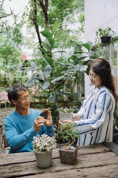 亚洲资深夫妇在花园里照料植物，并在数字平台上在线出售。