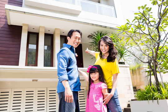 亚洲住宅区房屋前的中国家庭