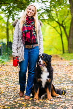 在公园里，一个女人牵着狗走在一条覆盖着彩色秋叶的小路上