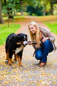 女人和狗在土路上的秋天公园取回棍子游戏