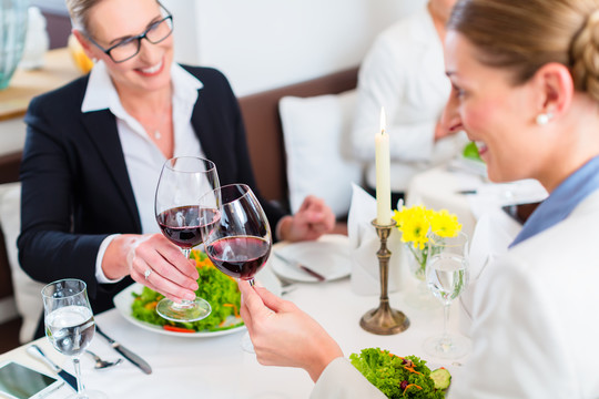 商务午餐上的妇女们用葡萄酒举杯庆祝一项协议
