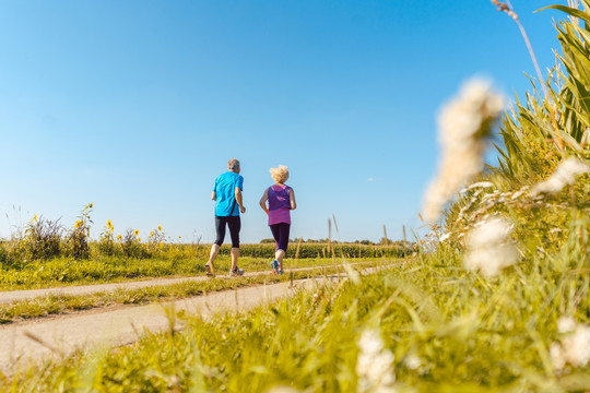 两位健康的老年人在夏日晴朗的蓝天下在乡间小路上慢跑的全长后视图