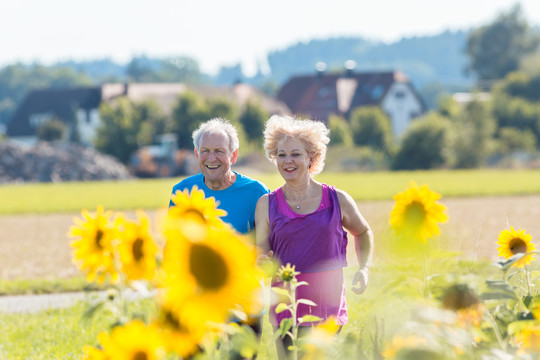 快乐的老年夫妇，健康的生活方式，夏天一起在郊外并肩慢跑