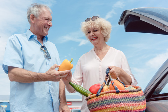 一对快乐的老年夫妇，拥有健康的生活方式，喜欢从超市购买新鲜营养的蔬菜