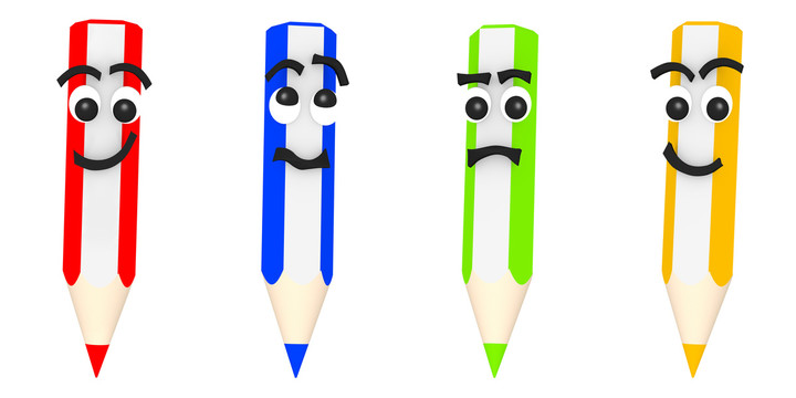 白色背景上四种不同面部表情的有趣彩色铅笔的三维渲染