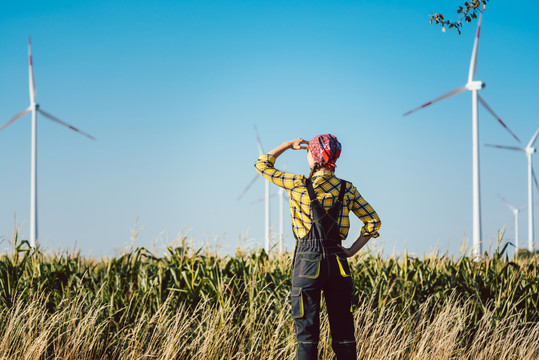 这位农妇不仅投资了土地，还投资了风能观看涡轮机