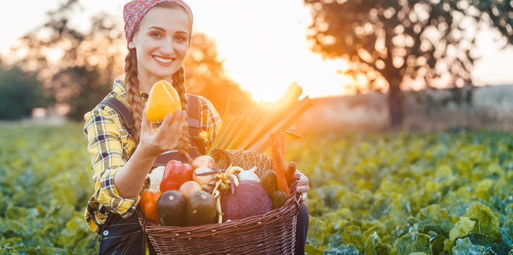 农妇从篮子里卖五颜六色的健康蔬菜