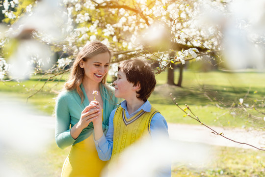 春天，儿子在一棵盛开的树下为母亲节送花