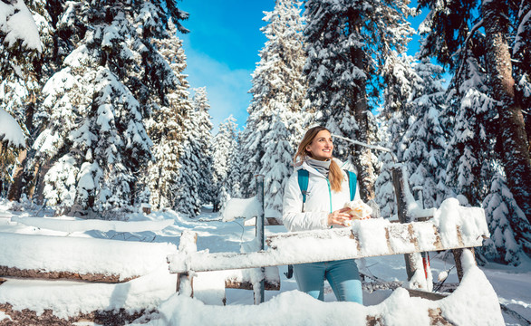 在冬天和下雪的徒步旅行中休息的女人看着相机