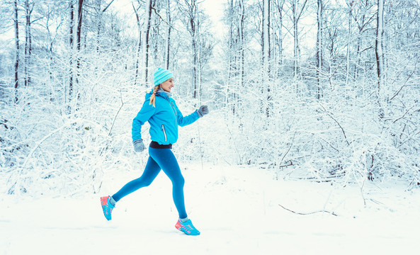 适合在冬季和雪地跑步的女性做运动，侧身对着相机