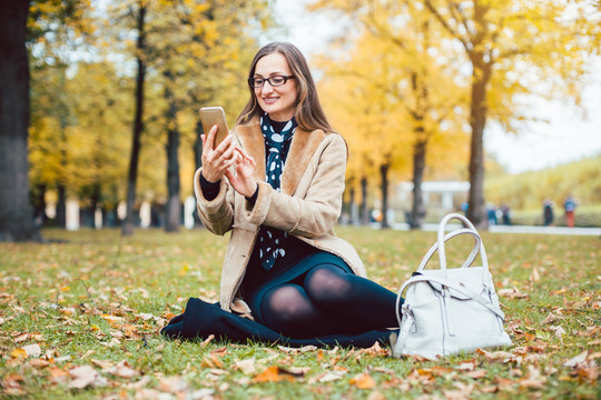 坐在公园秋日草坪上用手机发短信的女人