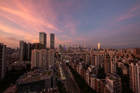 中国广东省深圳地标晚霞夜景