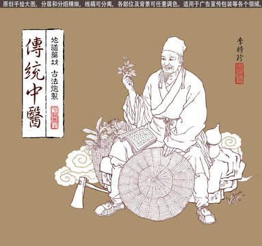 李时珍深山采药线描图