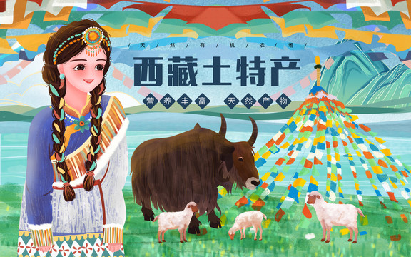 藏族女孩土特产插画包装