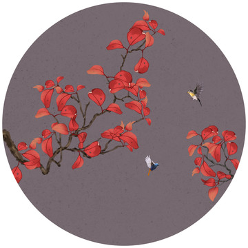 圆形红叶花鸟画