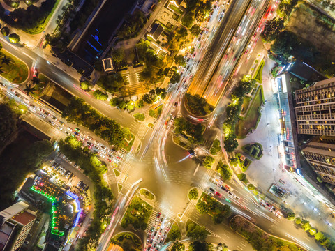 航拍广州城市道路夜景