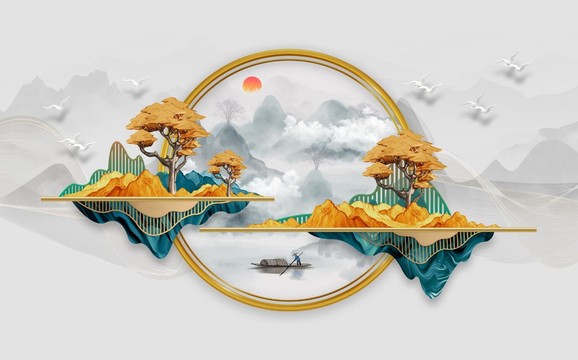 新中式抽象山水背景墙