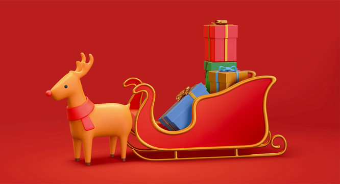 圣诞驯鹿载着装礼物盒的雪橇三维渲染元素