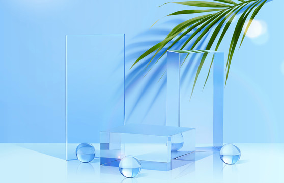 三维透明玻璃清爽展台与热带植物素材