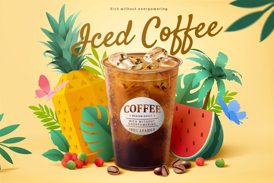 夏日冷萃黑咖啡广告 热带水果及植物纸模型装饰