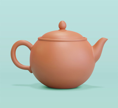 三维圆润棕色传统茶壶元素