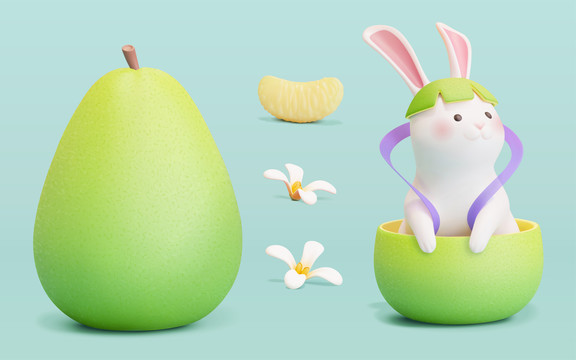 三维玉兔与柚子玩具公仔
