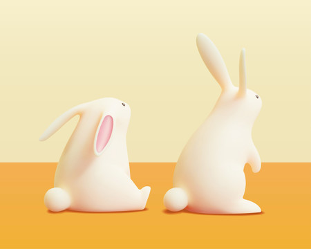 可爱两只软萌白兔背影三维玩具公仔