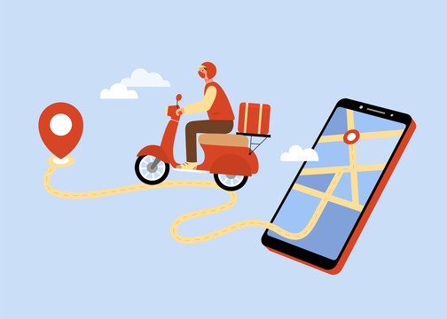 用手机追踪外卖或外送员GPS导航地点插画