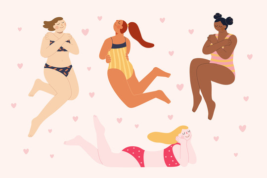 爱自己的身体扁平概念插图 多族群肤色女子