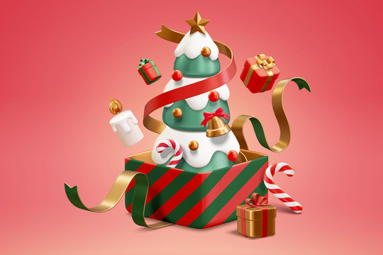 圣诞树坐在被打开的礼物盒三维元素