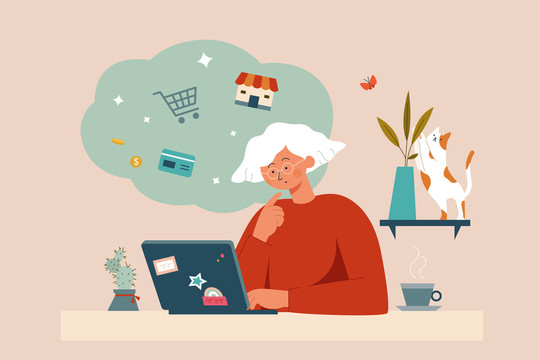 老年妇女疫情间在家进行网上购物